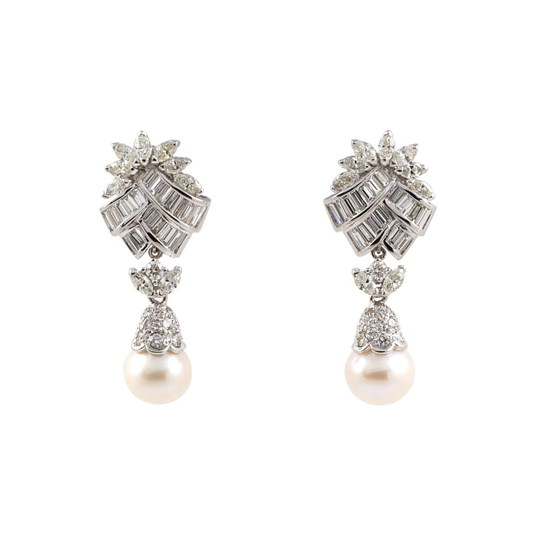 Diamond Spray and Pearl Drop Earrings