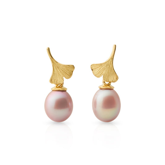 Pink Pearl Ginkgo Design Drop Earrings