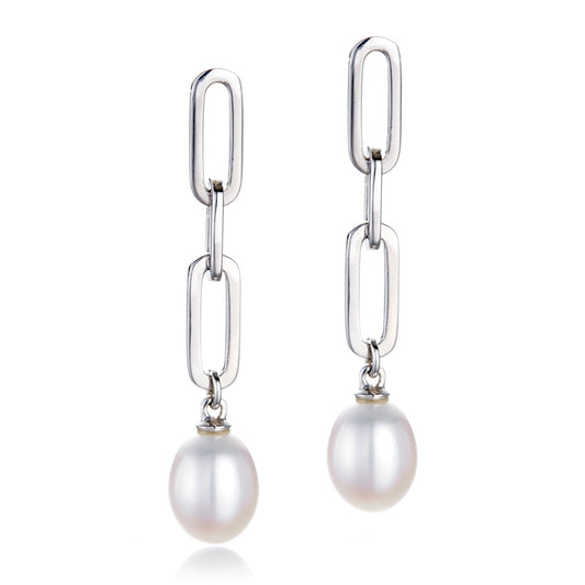 Silver Drop Earrings with Pearl Links