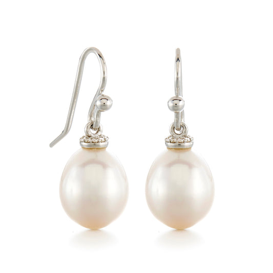 Silver Pearl and Diamond Drop Earrings