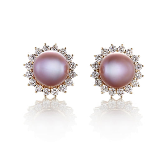 Pink Pearl and Diamond Halo Earrings