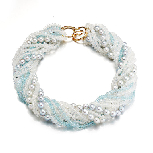 Twist Necklace with Blue Akoya Pearl and Aquamarine