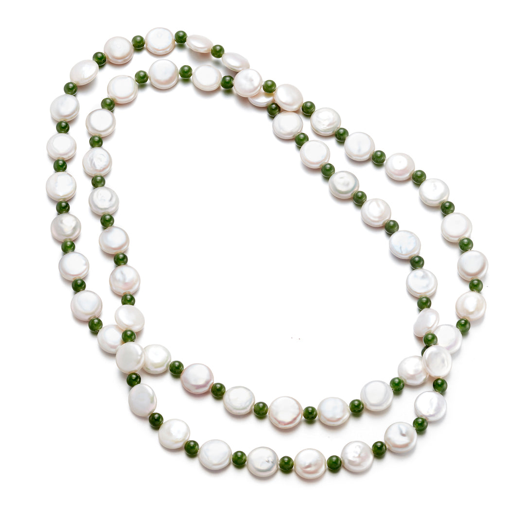 Rope Necklace with Coin Pearl and Green Nephrite Jade