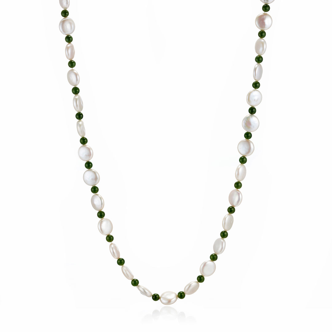 Rope Necklace with Coin Pearl and Green Nephrite Jade