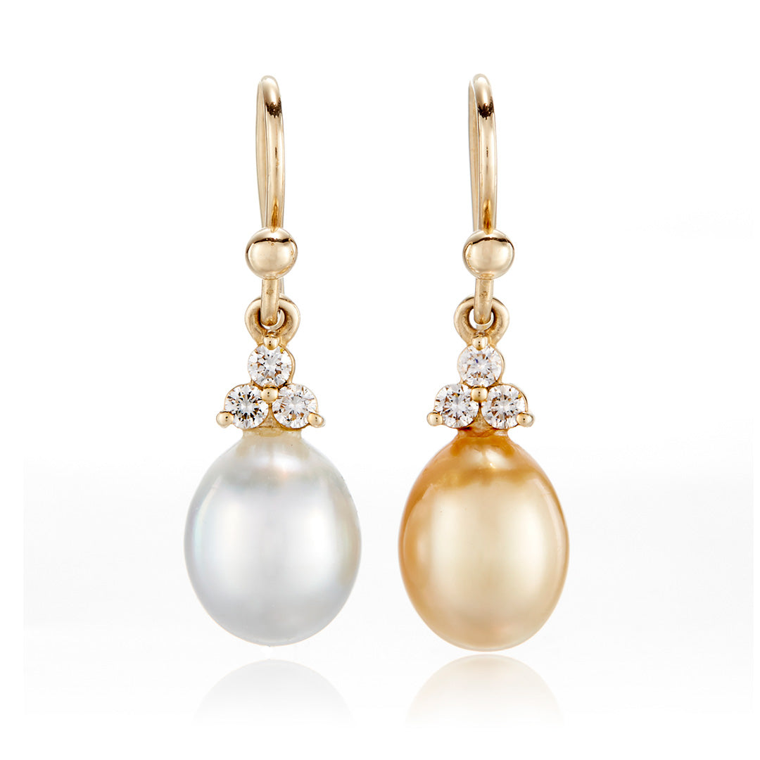 White and Gold Keshi Pearl Diamond Drop Earrings