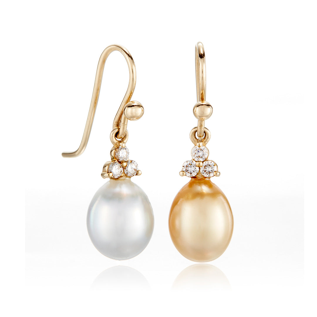 White and Gold Keshi Pearl Diamond Drop Earrings