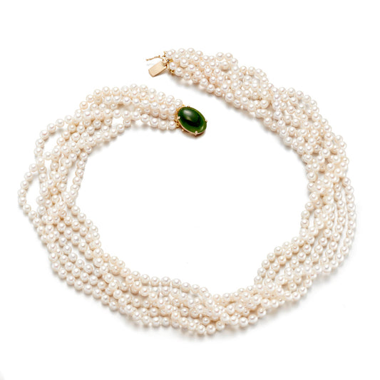 Multistrand Pearl and Green Nephrite Jade Necklace