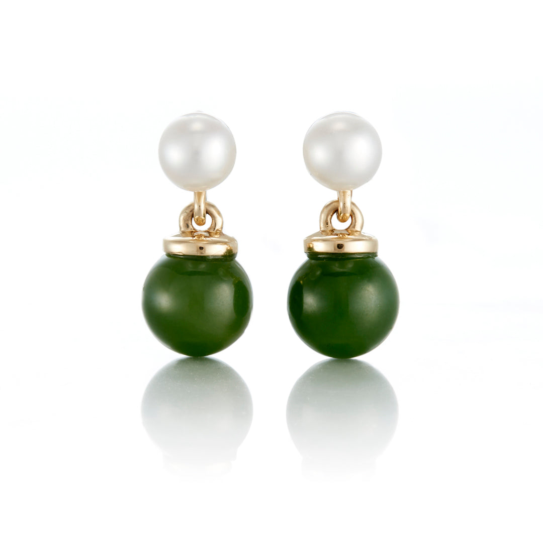 Green Nephrite Jade and Pearl Drop Earrings