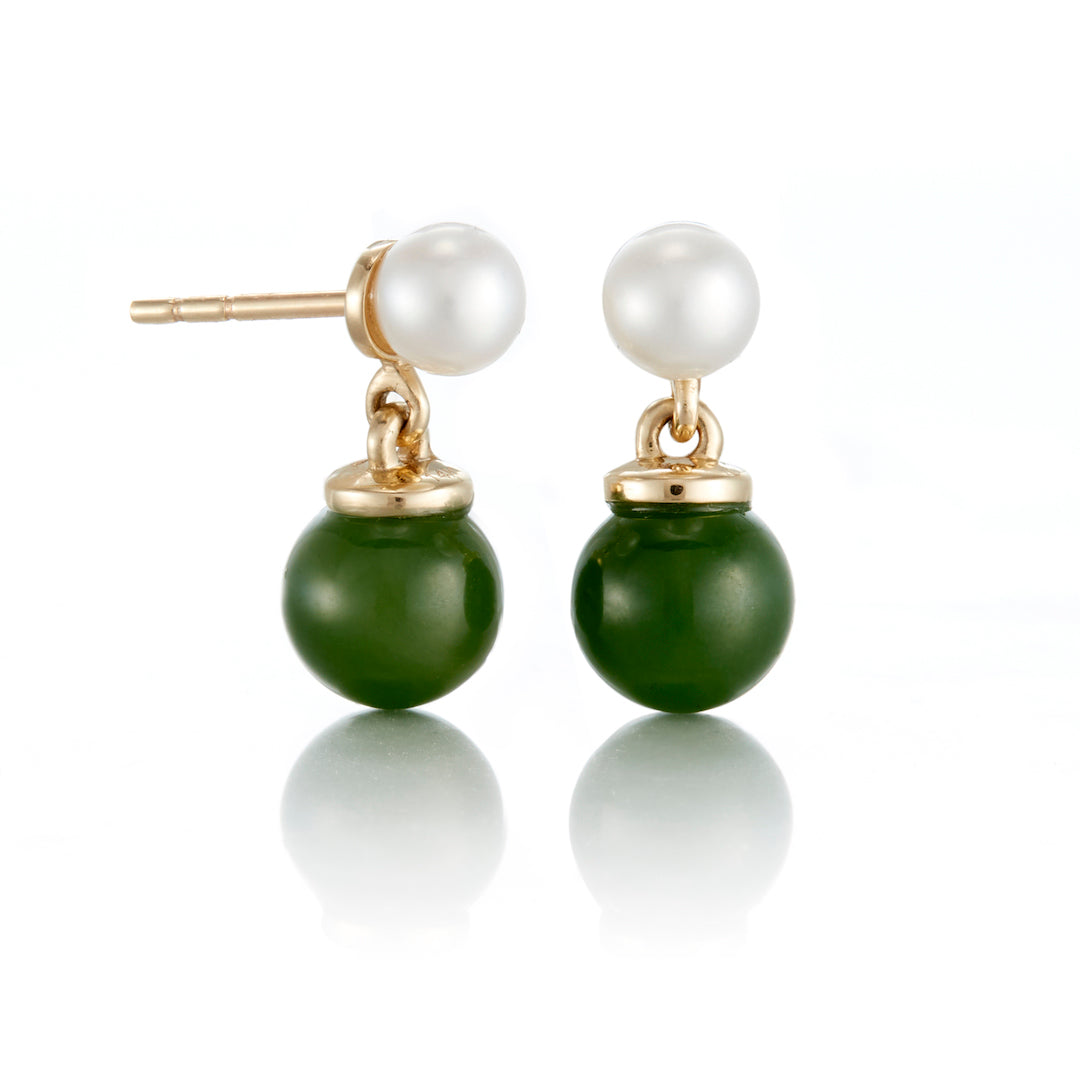 Green Nephrite Jade and Pearl Drop Earrings