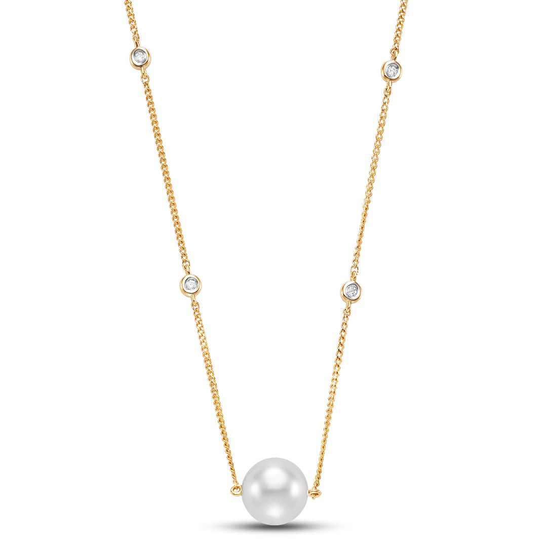 Pearl and Diamond Station Necklace 8.5mm