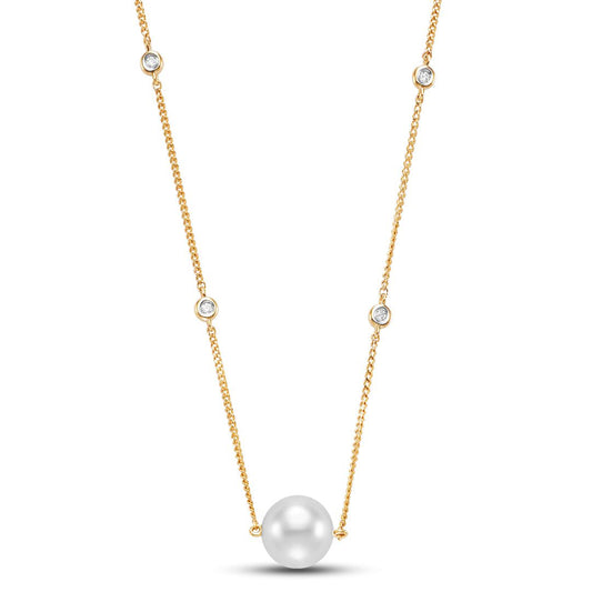 Pearl and Diamond Station Necklace 8.5mm