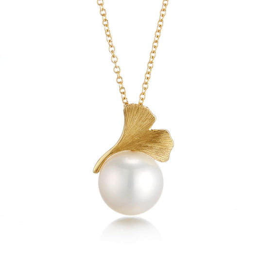 White Pearl Ginkgo Pendant Necklace in Silver