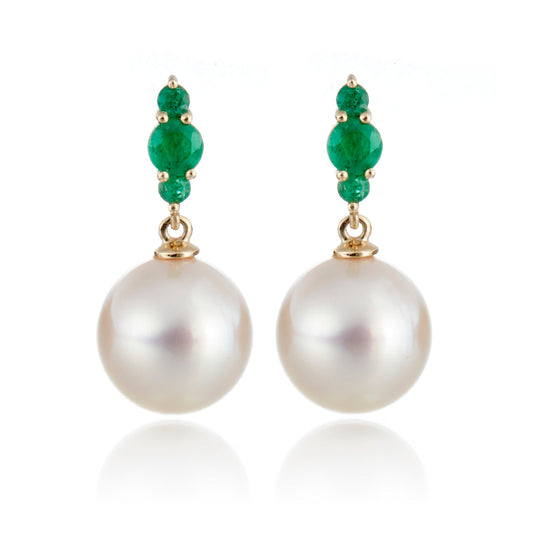 White Akoya Pearl and Emerald Earrings