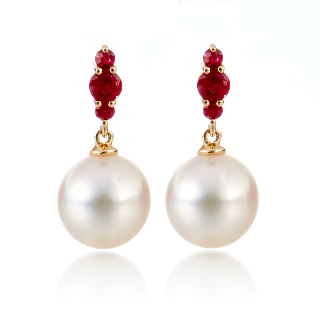 White Akoya Pearl and Ruby Earrings