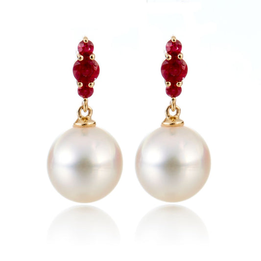 White Akoya Pearl and Ruby Earrings