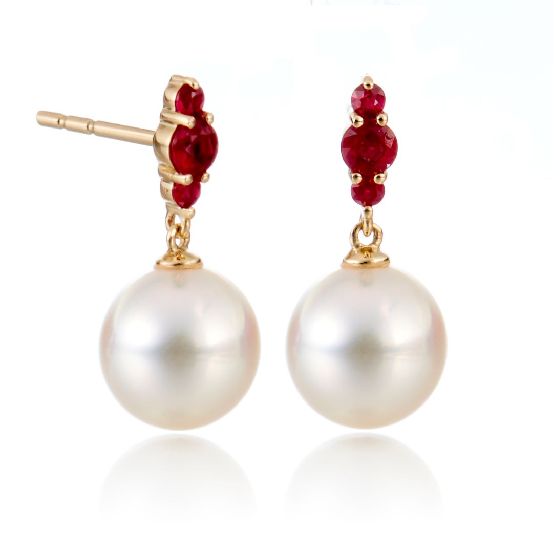 White Akoya Pearl and Ruby Earrings