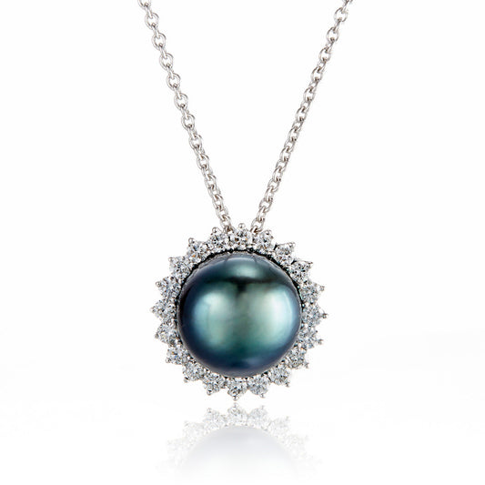 Tahitian Pearl and Diamond Halo Necklace