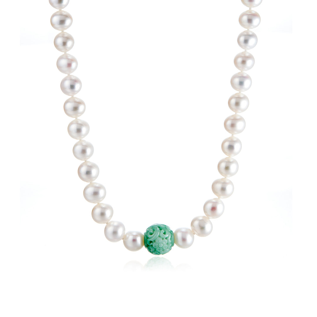 Green Jade Dragon Ball Necklace with Pearl Beads