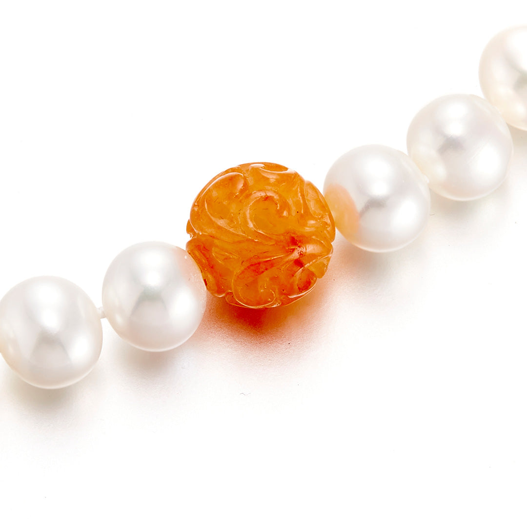 Pearl and Orange Jade Dragon Ball Necklace 8.5mm