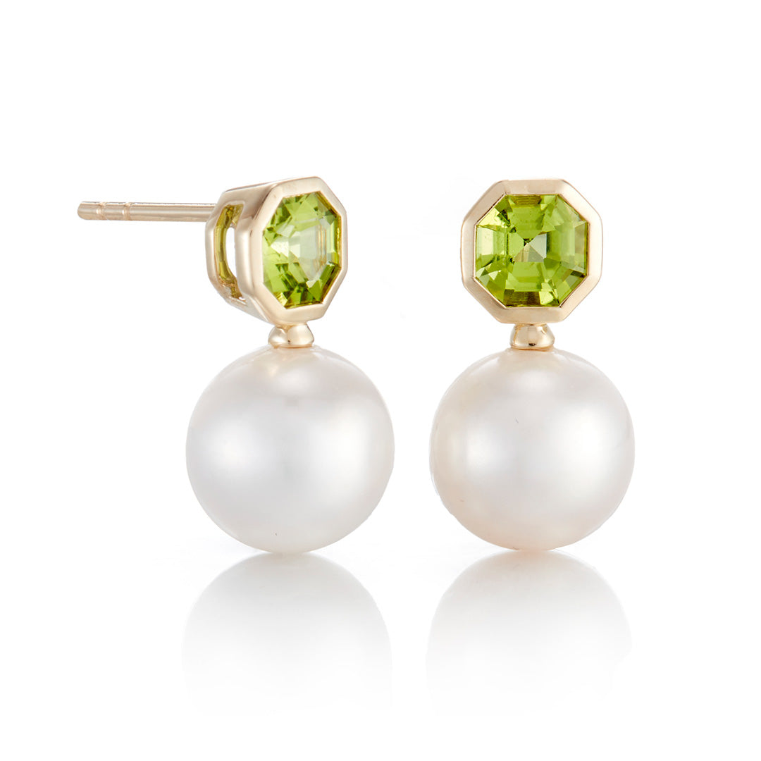 Peridot and Pearl Octagonal Drop Earrings