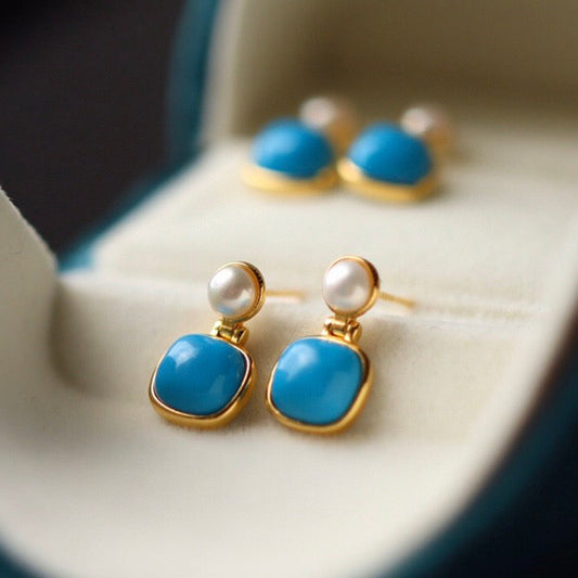 Turquoise and Freshwater Pearl Drop Earrings