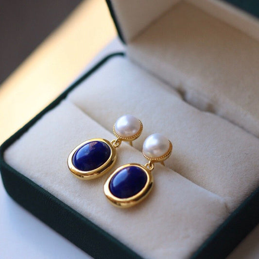 Lapis Lazuli and Pearl Drop Earrings in Dark Blue