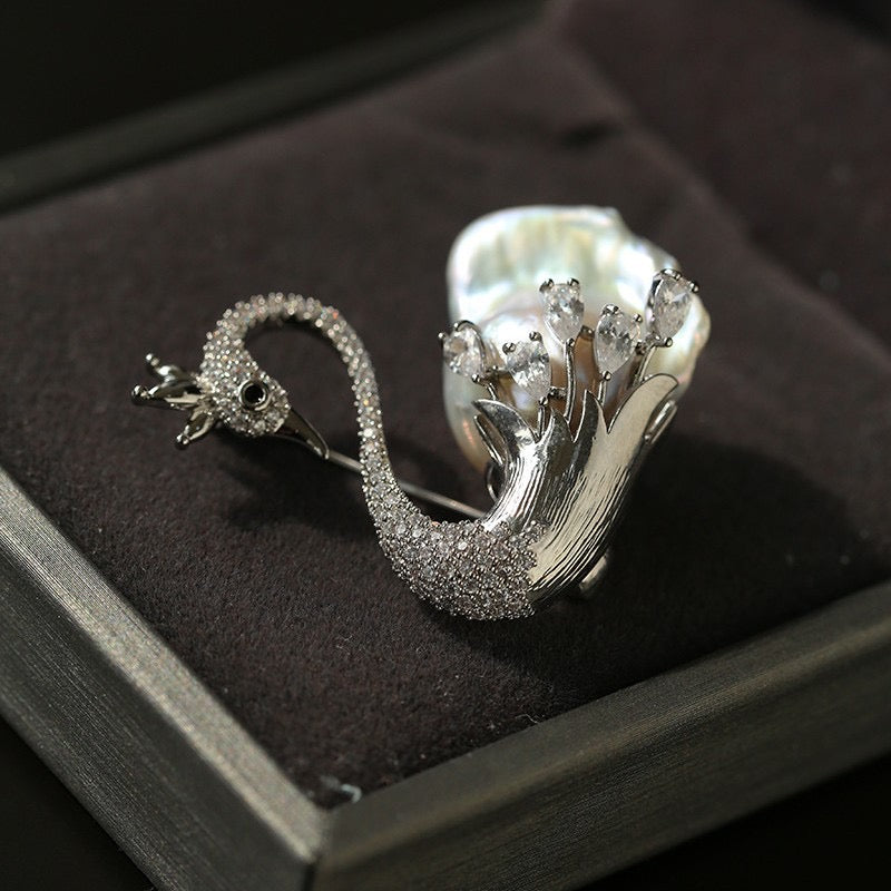 Elegant Baroque Pearl and Zirconia Swan Brooch