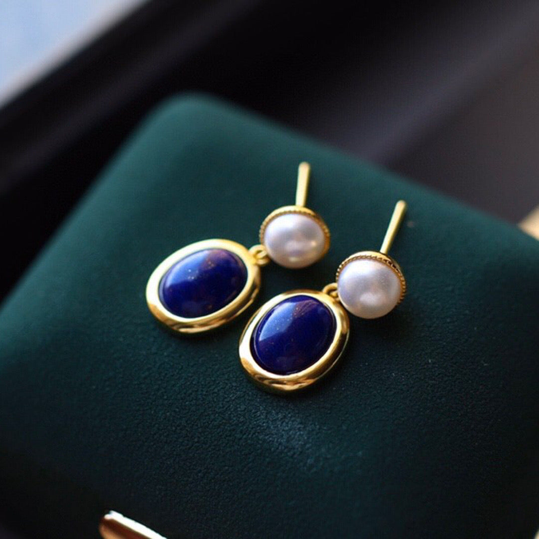 Lapis Lazuli and Pearl Drop Earrings in Dark Blue