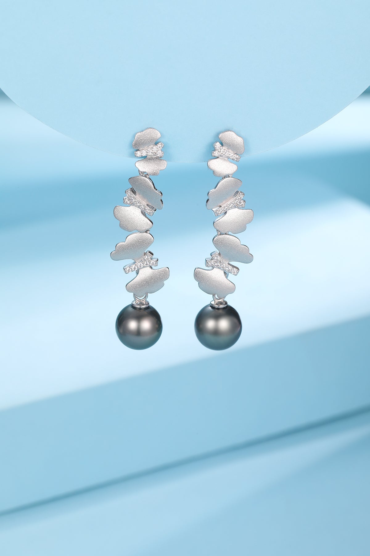 Tahitian Pearl Dancing Butterfly Earrings in Silver