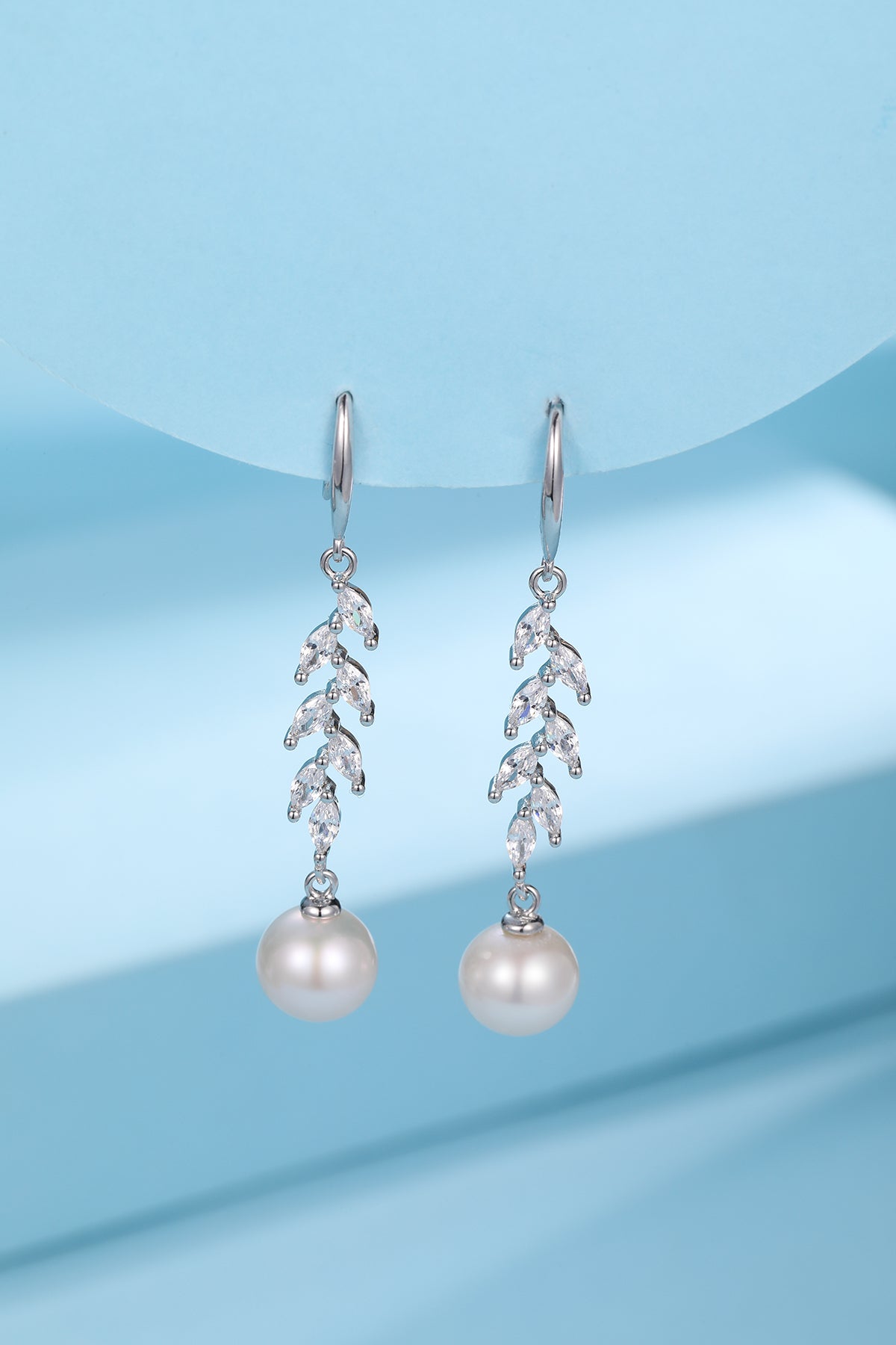 Freshwater Pearl and Long Leaf Earrings with Cubic Zirconia