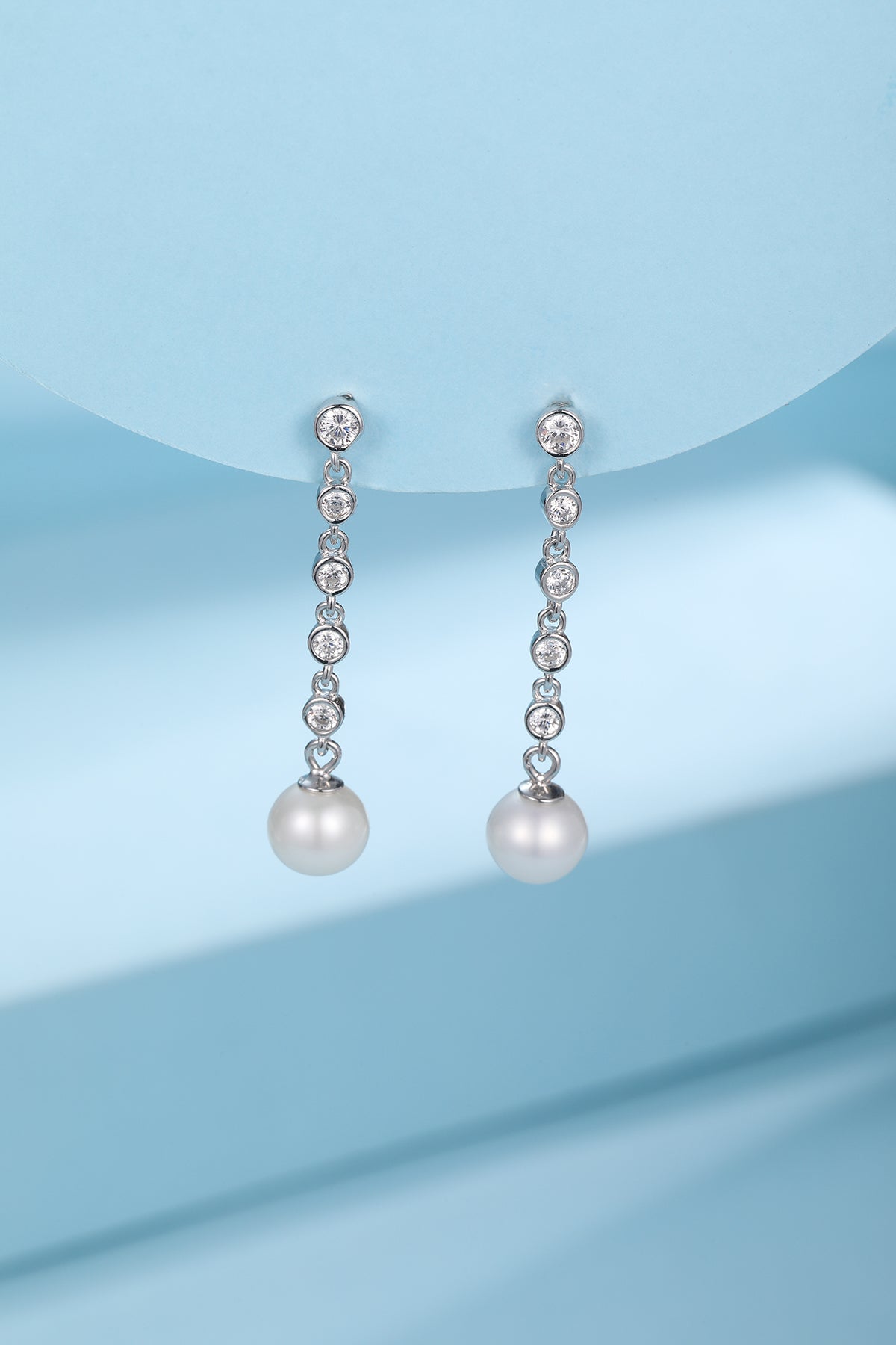 Freshwater Pearl and Long Drop Earrings with Cubic Zirconia