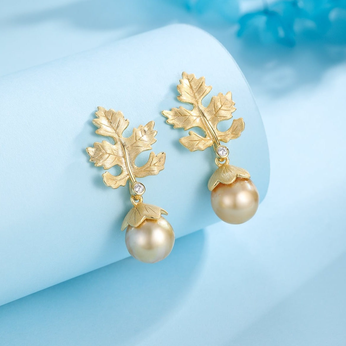 Golden South Sea Baroque Pearl Leaf Design Earrings