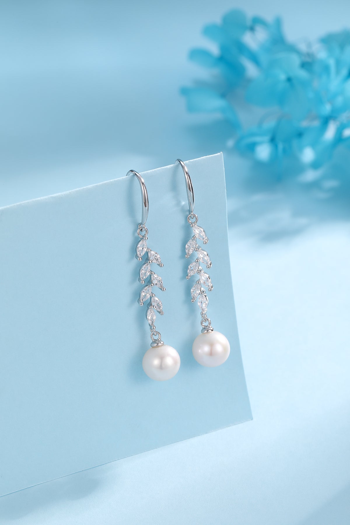 Freshwater Pearl and Long Leaf Earrings with Cubic Zirconia