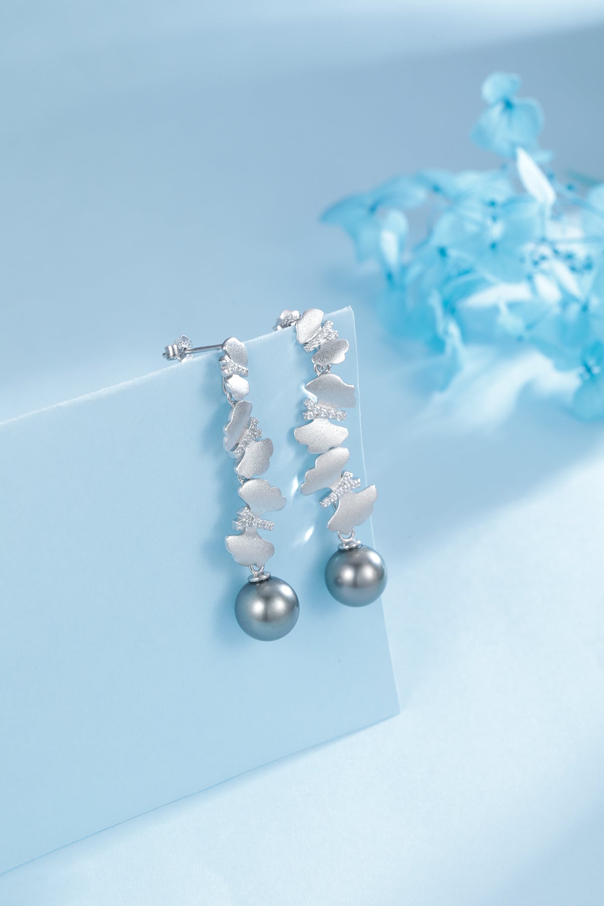 Tahitian Pearl Dancing Butterfly Earrings in Silver