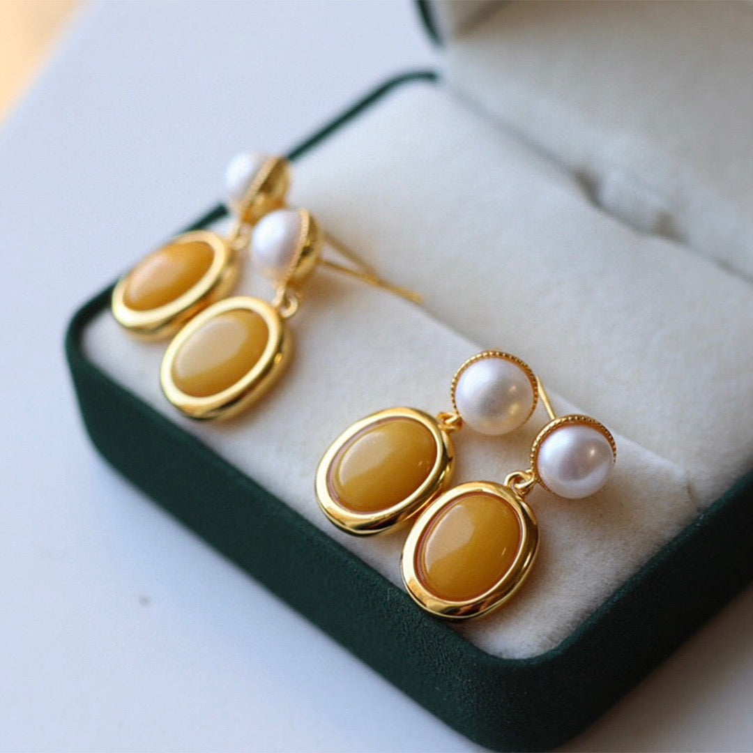 Amber and Pearl Drop Earrings in Natural Style