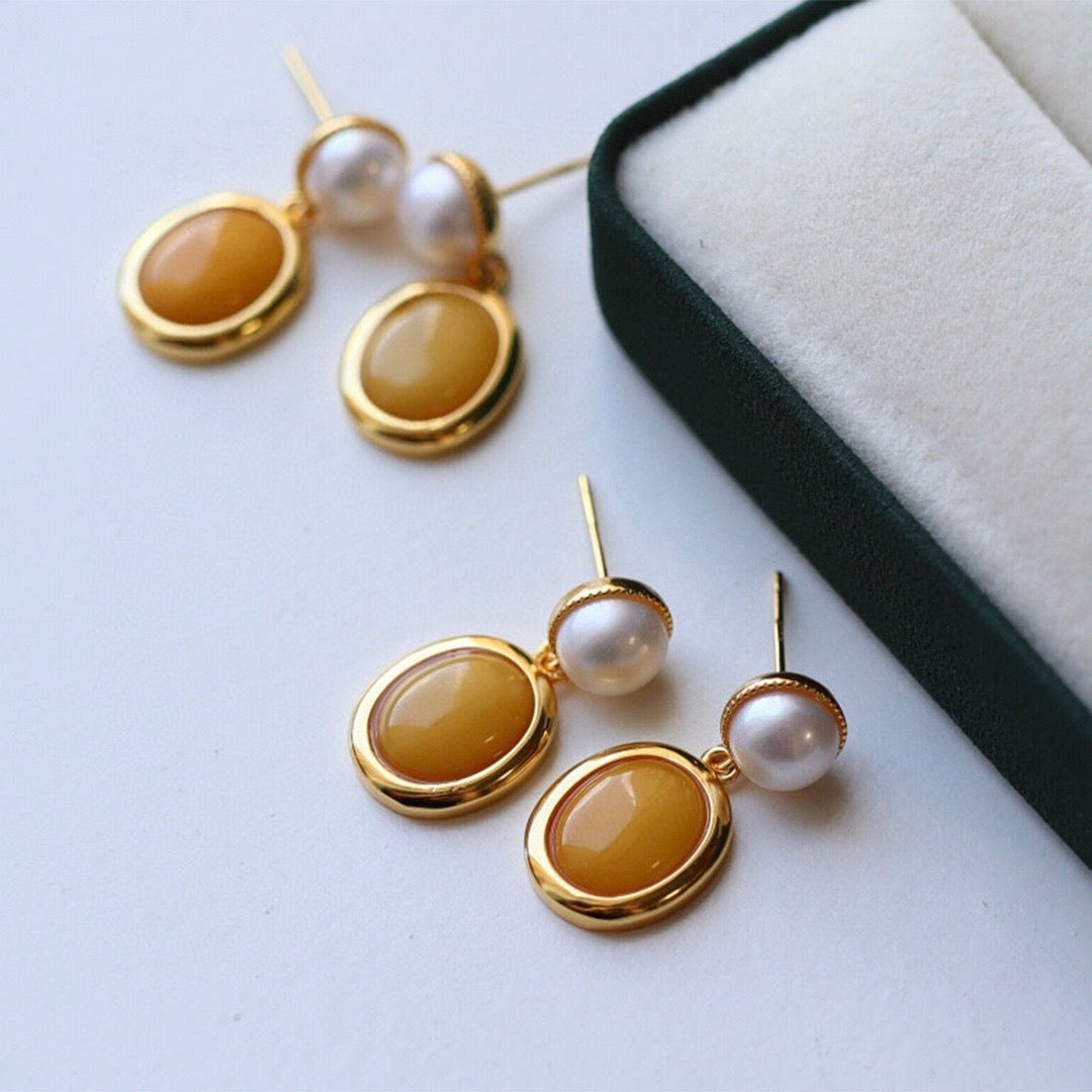 Amber and Pearl Drop Earrings in Natural Style