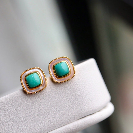 Turquoise and Mother of Pearl Geometric Stud Earrings