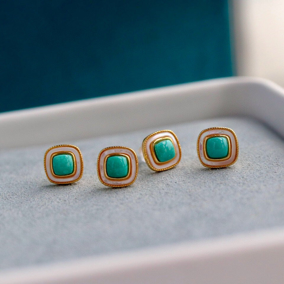 Turquoise and Mother of Pearl Geometric Stud Earrings