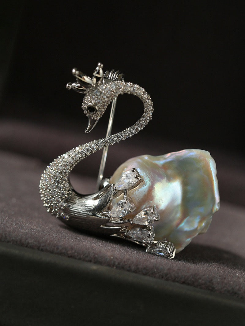 Elegant Baroque Pearl and Zirconia Swan Brooch