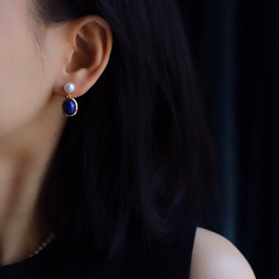 Lapis Lazuli and Pearl Drop Earrings in Dark Blue