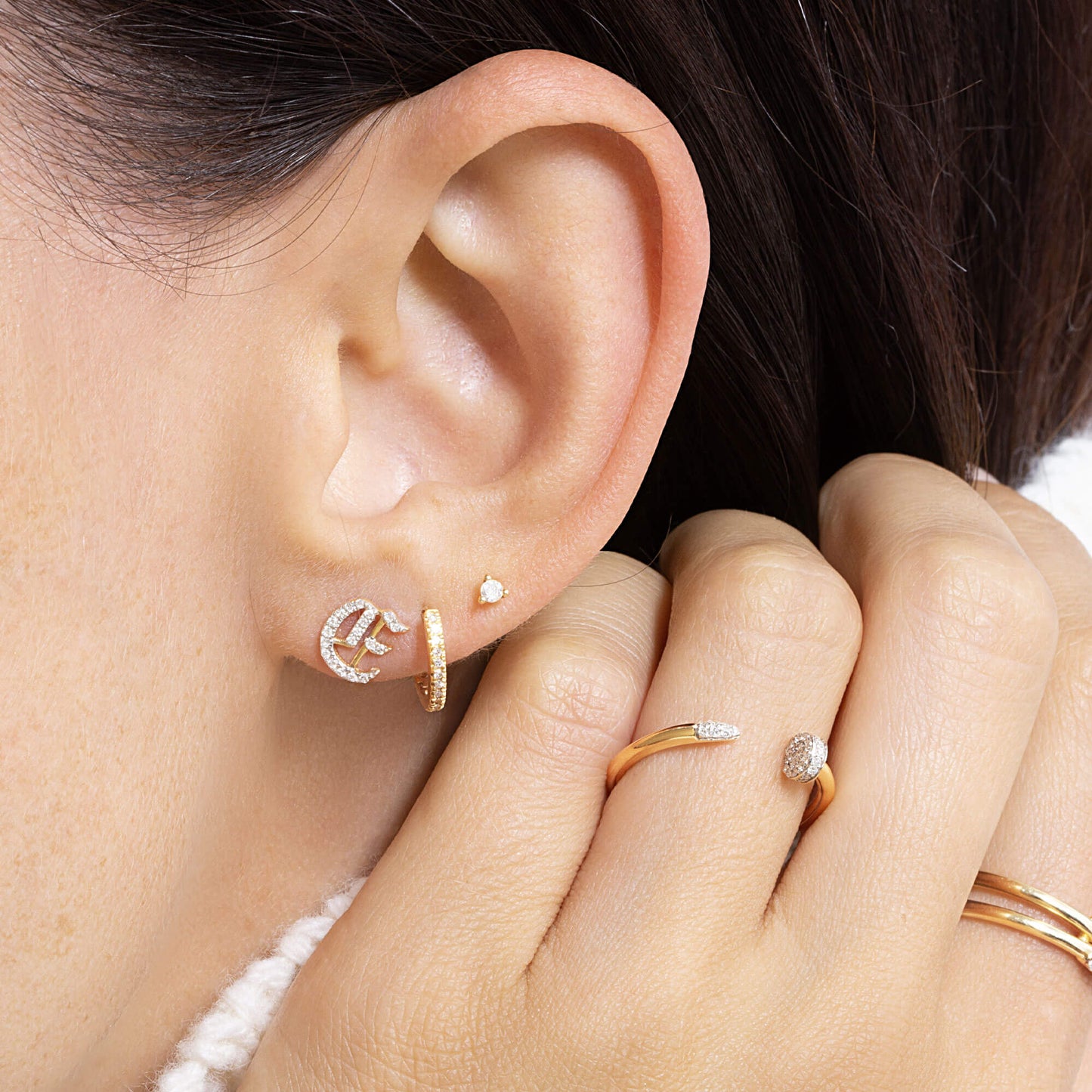 Dainty Huggie Earrings with White Diamond Pave