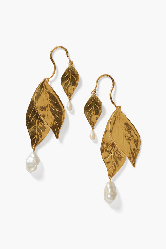 Elegant Falling Leaf Earrings with White Pearl