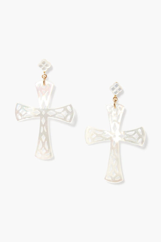 White Mother of Pearl Cross Earrings