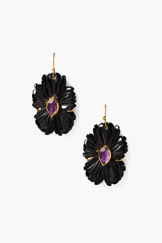 Black Agate Magnolia Stud Earrings