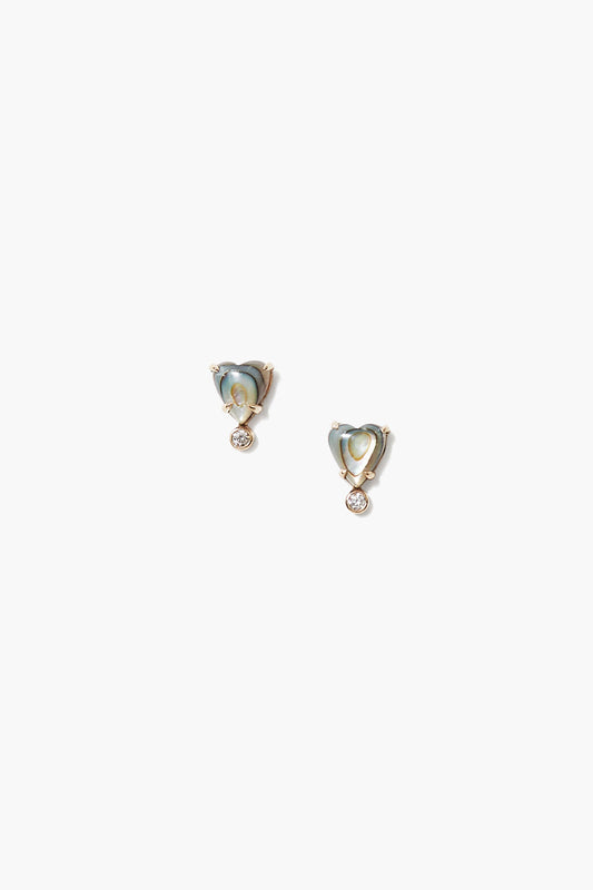 Diamond Heart Stud Earrings with Abalone Accent