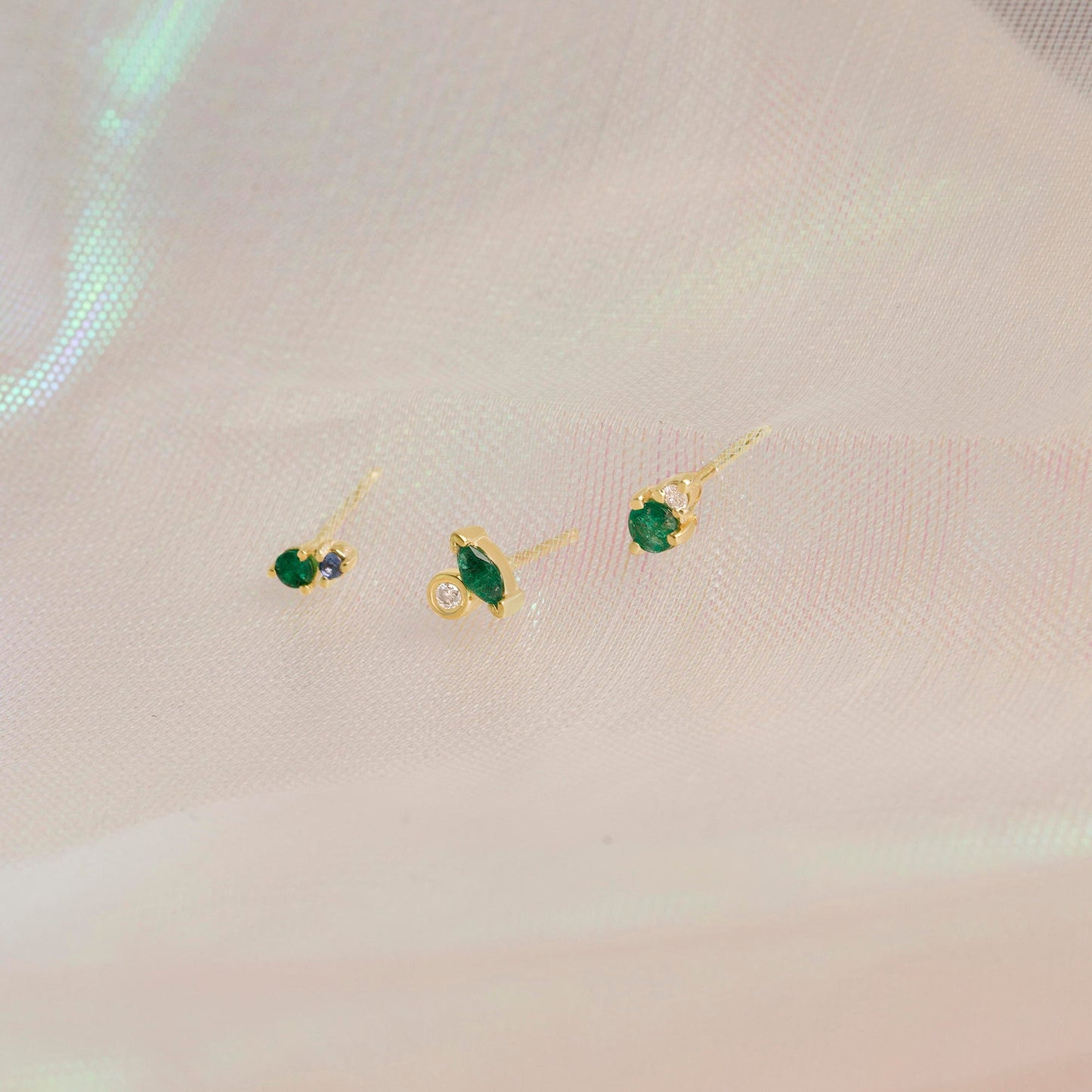 Emerald and Sapphire Stud Earrings Set