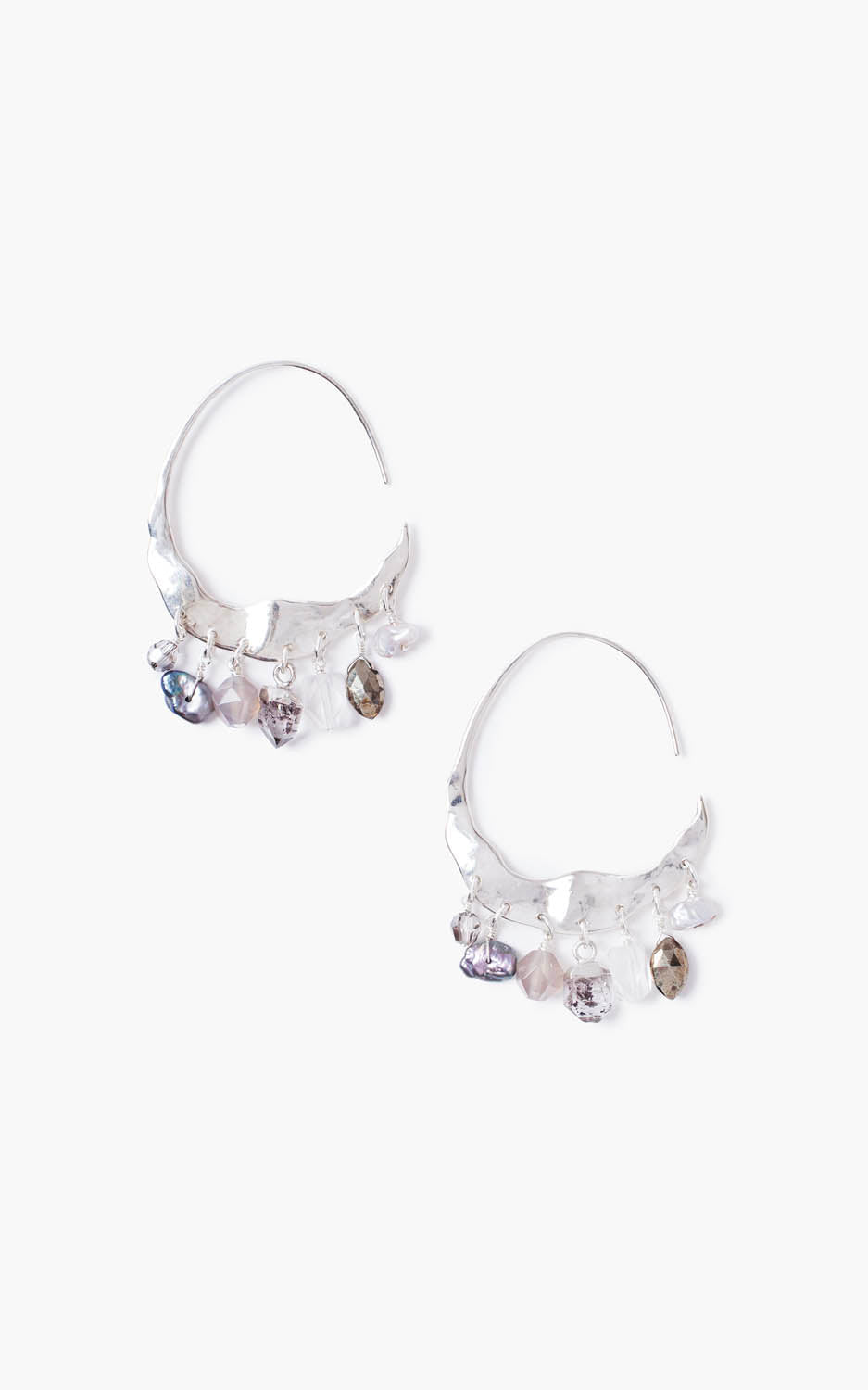 Grey Pearl and Herkimer Silver Hoop Earrings