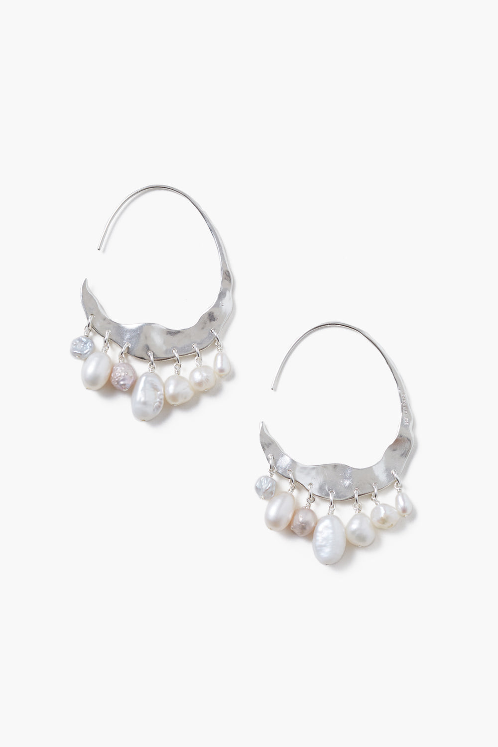 Silver Hoop Earrings with Crescent White Pearls