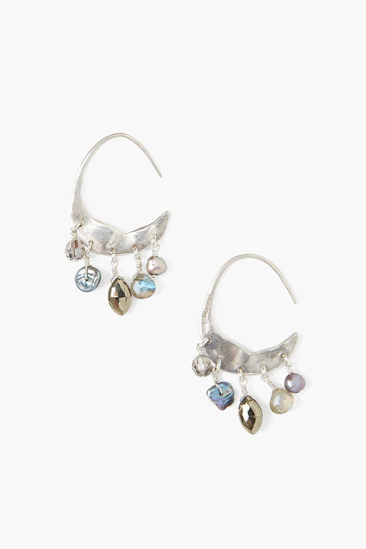 Elegant Silver Hoop Earrings with Grey Pearl and Labradorite