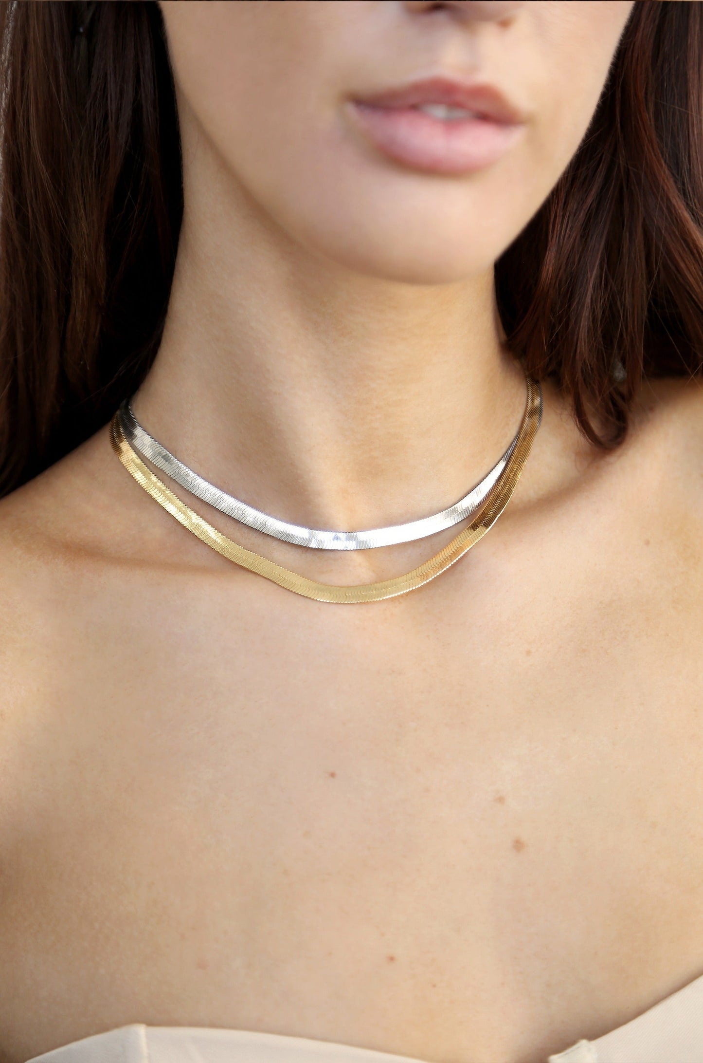 Flat Herringbone Chain Necklace in Gold